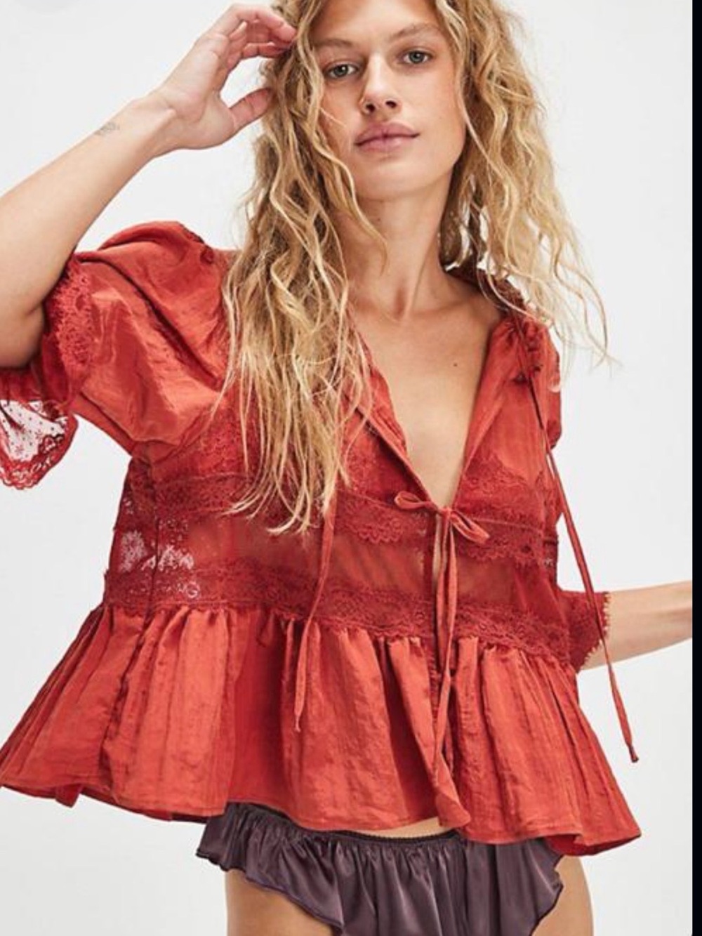 Free People Intimately Forever Bed Jacket Red Lace Boho Babydoll Small